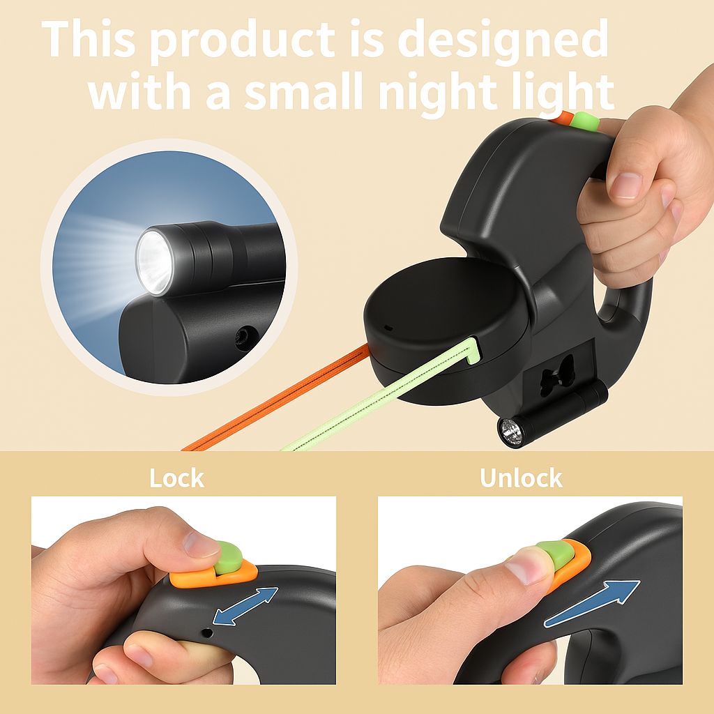 Auto Retractable Double-Ended Dog Leash 3m with LED Flashlight Waste Bag Box Roulette 360 Degree Dual Traction Rope Pet Supplies
