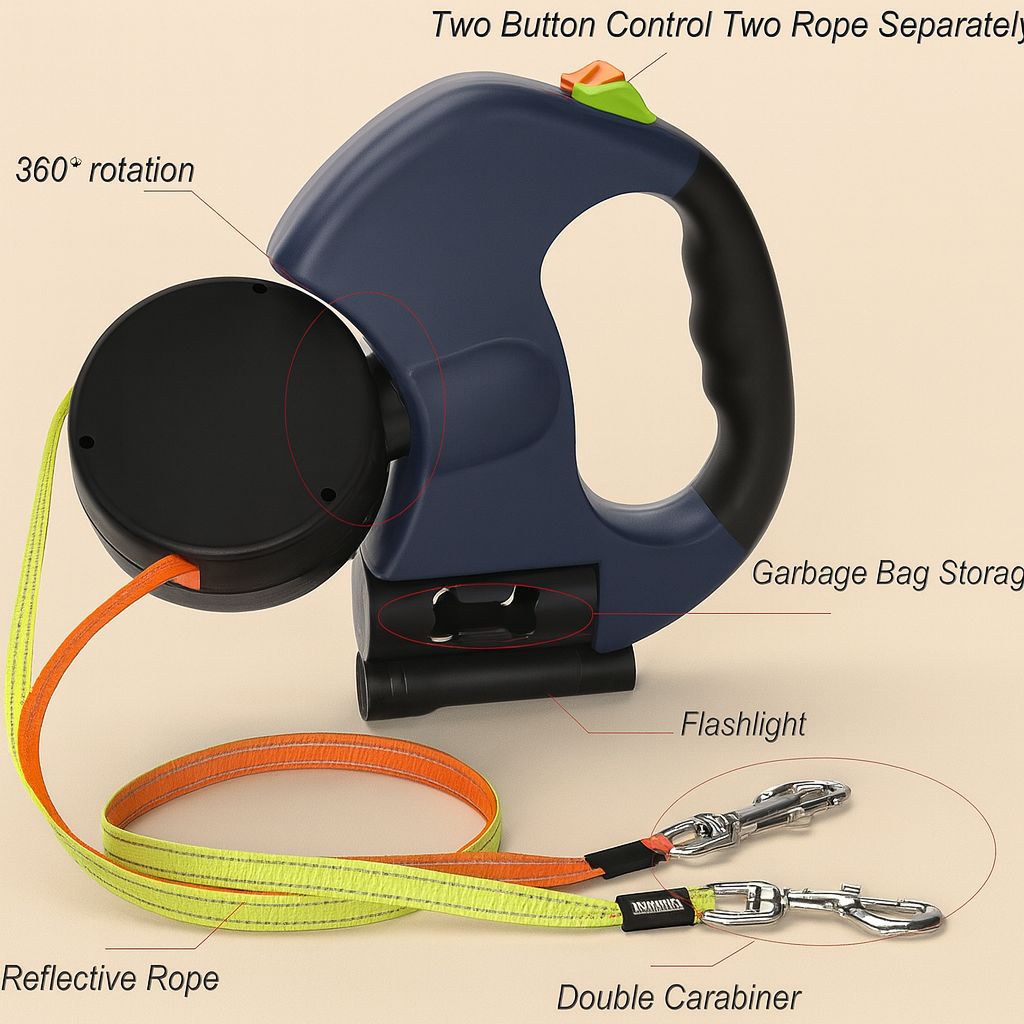 Auto Retractable Double-Ended Dog Leash 3m with LED Flashlight Waste Bag Box Roulette 360 Degree Dual Traction Rope Pet Supplies