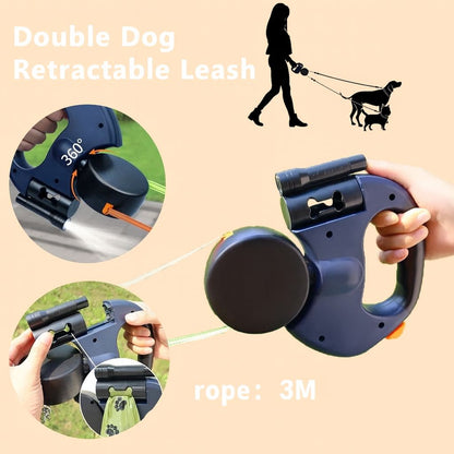 Auto Retractable Double-Ended Dog Leash 3m with LED Flashlight Waste Bag Box Roulette 360 Degree Dual Traction Rope Pet Supplies
